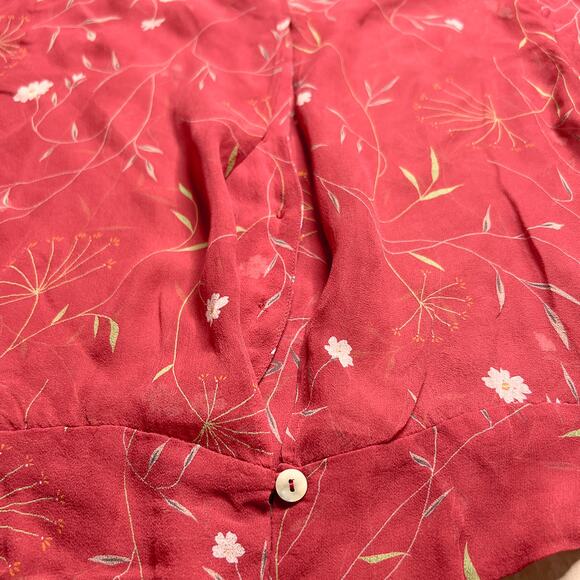 Vintage Y2K Red Floral Mesh Top Button Up Sheer Cap Sleeve Cropped Boho Hippie - Picture 5 of 6